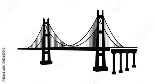 A striking black graphic presents a detailed depiction of a suspension bridge architecture emphasizing its structural integrity silhouette high quality professional modern elegant stylish
