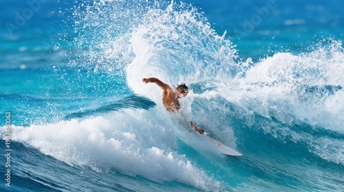 Surfer Performs Tricks on Waves During Sunny Day at Ocean Shore