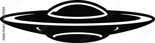 Black silhouette of a classic flying saucer with a dome and lights alien spaceship