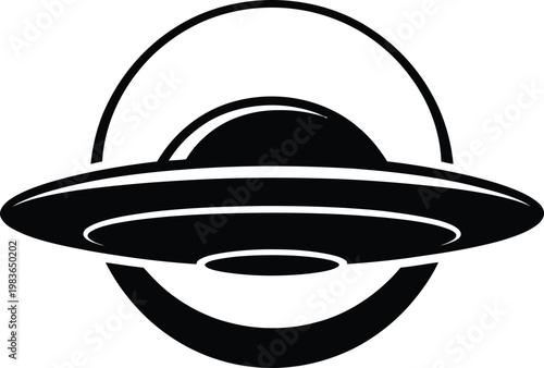 Black silhouette of a flying saucer enclosed within a circular frame and crescent shape