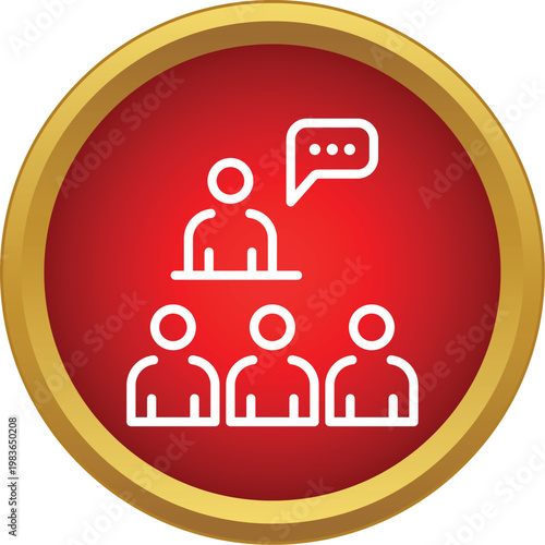 Speaker icon with speech bubble presenting to multiple audience members