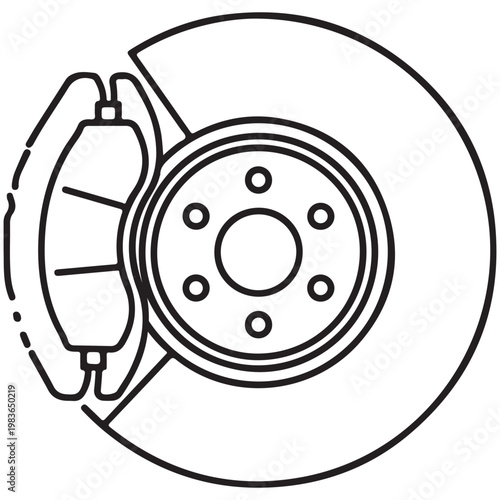 Car disc brake system with rotor and caliper minimalist line art vector illustration for automotive maintenance and repair
