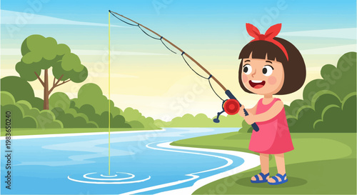 A young girl enjoys fishing by a serene lake surrounded by lush green trees and grass.