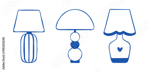 Set of three table lamps isolated on a white background. Vector line illustration of home decor elements. Clip art of interior light, modern indoor decor, electric illumination equipment.