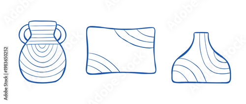 Two vases and one pillow with a similar striped pattern. Vector line illustration of home decor elements isolated on a white background. Clip art of modern interior decor, minimalist aesthetic.