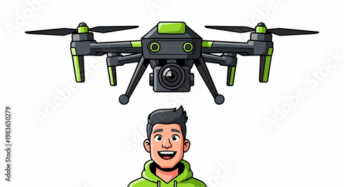 A man operates a drone with a camera in a green hoodie outdoors.