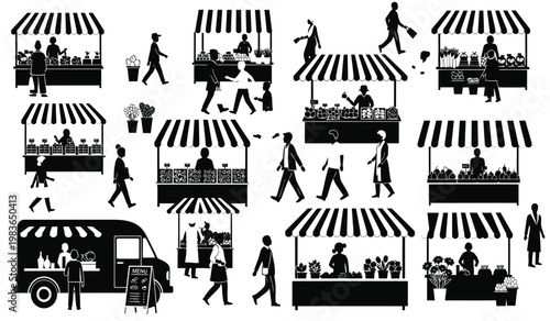 A bustling outdoor farmers market scene is depicted with numerous vendor stalls and people presented as a striking silhouette high quality professional detailed modern