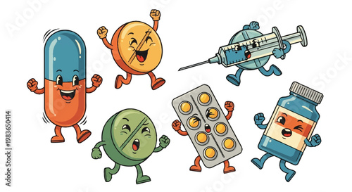 Cartoon medicine characters running with happy faces against a white background