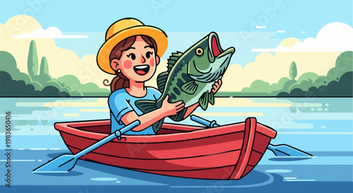 Woman in a red boat on a lake catches a large fish with a smile