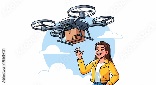Woman receives package from drone flying in the sky on a sunny day outside.