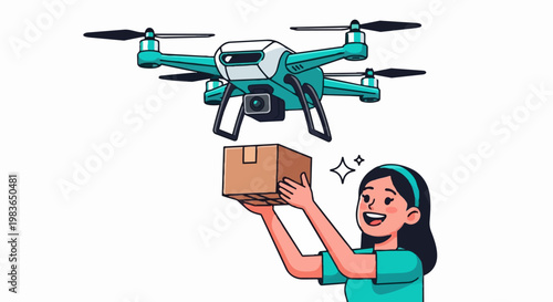 Woman receives package from flying drone outdoors in city environment with modern technology