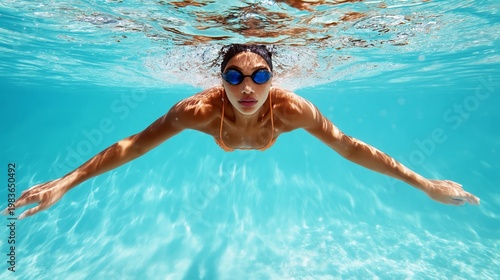 Swimmer Performs Underwater Strokes in Clear Pool Water During Afternoon Exer...