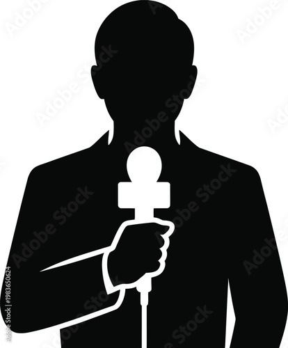 Silhouette of a news reporter holding a microphone with a logo journalist broadcasting