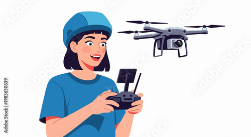 Woman operating a drone with a remote control in her hands outdoors.