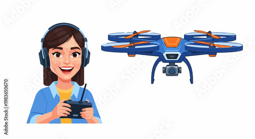 Woman wearing headset operates blue drone with orange accents remotely in landscape