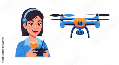 Woman wearing headset controls drone with remote in hand outdoors