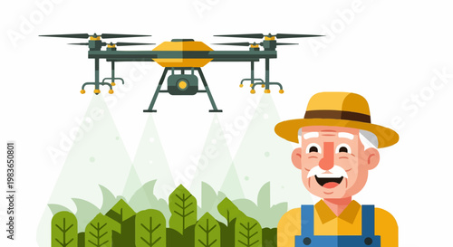Farmer smiling while drone sprays fertilizer on lush green crops nearby