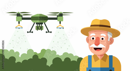 Farmer watches drone spraying pesticide on lush green crops in field