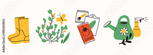 Set of garden tools and farm or backyard equipment. Summer or spring doodle collection. Gardening and vegetable gardening, boots, seeds, watering can. Simple contour art for farming. No gmo, eco.