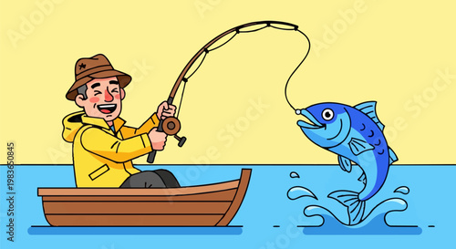 Man in a boat fishing with a rod catches a large blue fish in the water