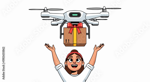 Person receiving package from drone in air with excitement and joy outdoors