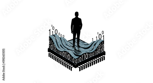Man standing on digital landscape with binary code.