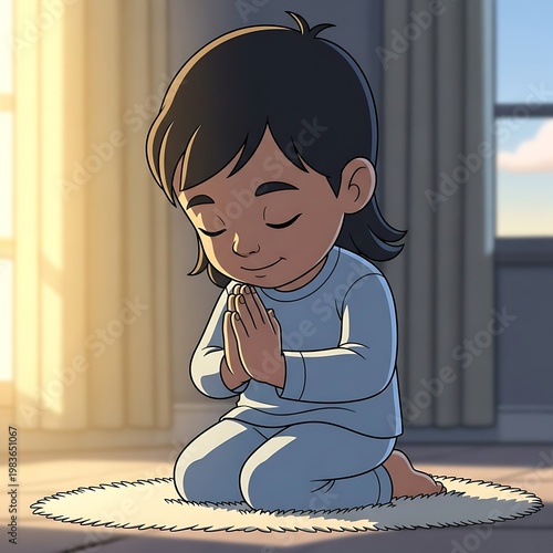 A child kneels on a rug, hands clasped in prayer, eyes closed in peaceful reflection