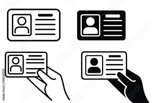 ID card icon pack, user profile silhouette symbols, personal identification graphics, access security and authentication elements, identity badge icons