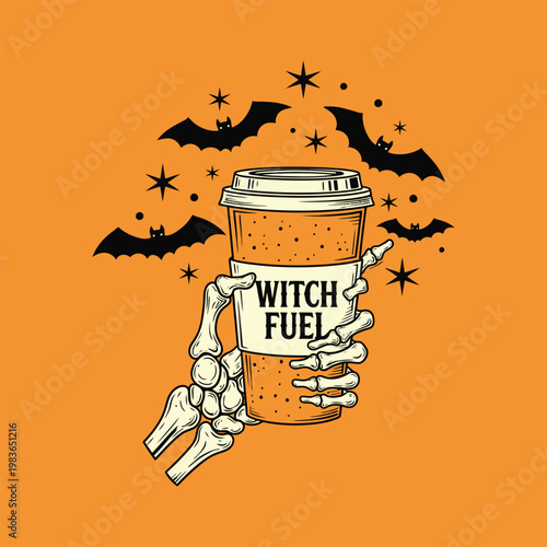 Witch fuel coffee cup with bats Halloween illustration t‑shirt design