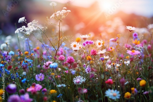Wildflowers Bloom in a Field During Sunset Near a Rural Area in Springtime
