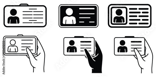 Identity card icon set, user profile silhouette with text details, access control and security symbols, personal identification graphics, ID badge elements, authentication icons