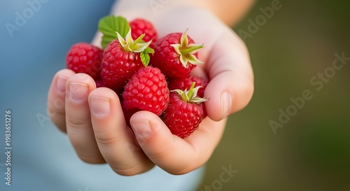 A child's hand cradles a generous handful of vibrant, ripe raspberries