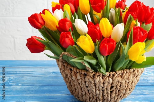 Colorful Tulips in a Basket Placed on a Blue Table With a Painted Background