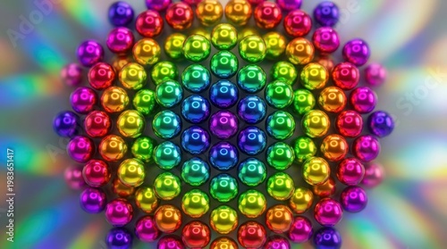 Symmetrical orb layout with dynamic color flow, iridescent circular grid pattern with smooth gradient color transitions, glossy