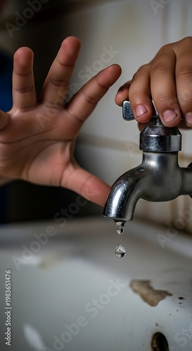 A child's hand reaching for a dripping faucet over a sink, close-up