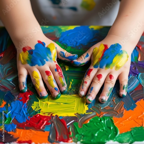 A child's hands covered in vibrant paint, creating a colorful abstract artwork