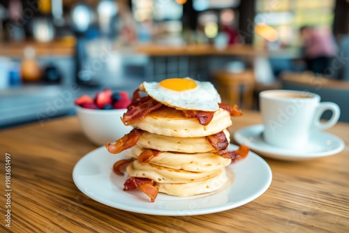 Delicious Stack of Pancakes With Bacon, Fried Egg, and Fresh Berries at a Coz...