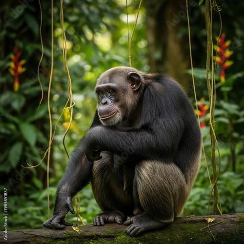 A chimpanzee rests on a mossy log, amidst lush jungle foliage and vibrant flowers
