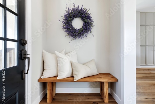 Cozy Entryway With Wooden Bench and Lavender Wreath in Bright Room