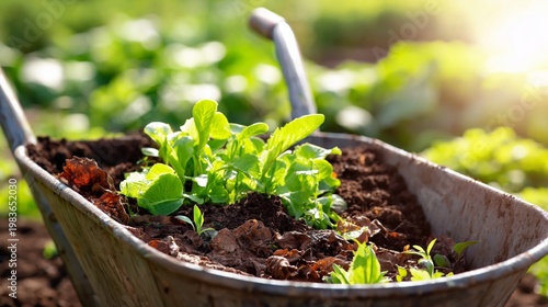 Fresh Greens Growing in a Garden Wheelbarrow Under Sunlight in a Vegetable Patch