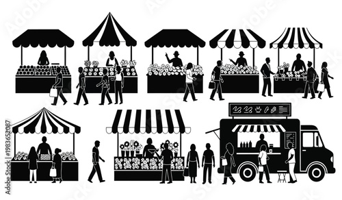 A bustling outdoor farmers market scene is depicted with various stalls and people all rendered in a striking silhouette high quality professional detailed modern