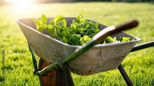 Wheelbarrow Filled With Fresh Greens in a Garden During Evening Light
