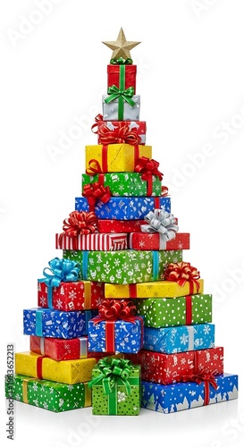 A Christmas tree-shaped stack of brightly wrapped gift boxes, adorned with bows