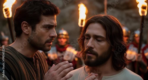 Judas betraying Jesus with a kiss. Historical scene depicting the arrest in Gethsemane. Biblical narrative from New Testament gospel. Dramatic religious event with Roman soldiers.