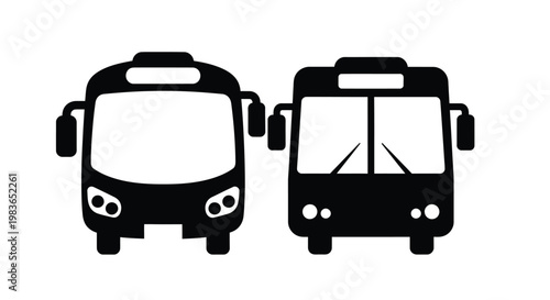 A minimalist depiction features two front views of public transportation vehicles likely buses presented in a stark black silhouette high quality professional detailed modern