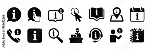 Info icon pack, information symbols, chat support and contact call icons, schedule calendar and location graphics, receptionist service elements, instruction manual and help icons, clean minimal 