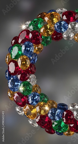 A circular arrangement of colorful, sparkling gemstones, a radiant, opulent display