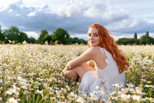 Man Looking up in a Field of Flowers During Sunset in a Quiet Landscape