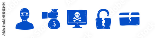 A set of five blue hand-drawn icons illustrating cybercrime concepts: a masked thief, money theft, malware computer, broken padlock security breach, and a cracked credit card for fraud.