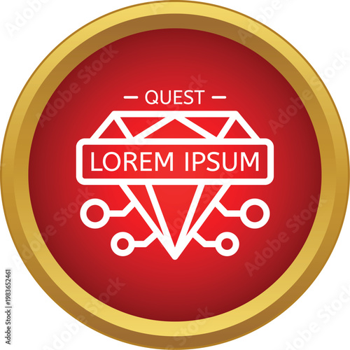 Diamond icon with circuit lines representing digital technology, gaming, and online quests on a red background